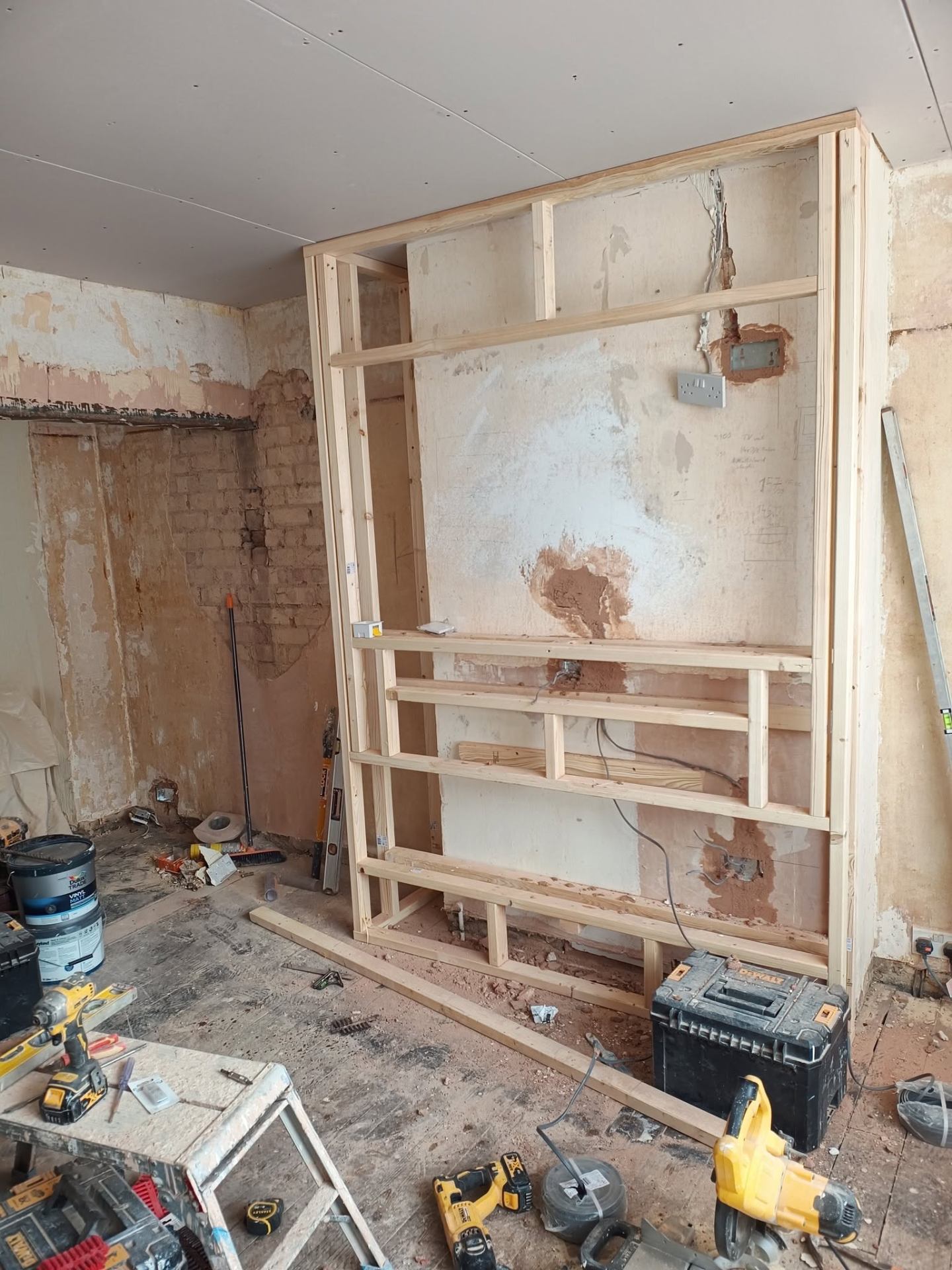 Media wall framed out before finishing